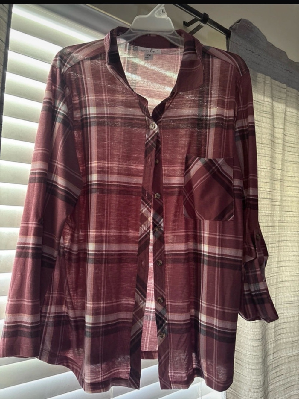 Women's Maroon Plaid Button-Down Shirt - Casual Everyday Shirt